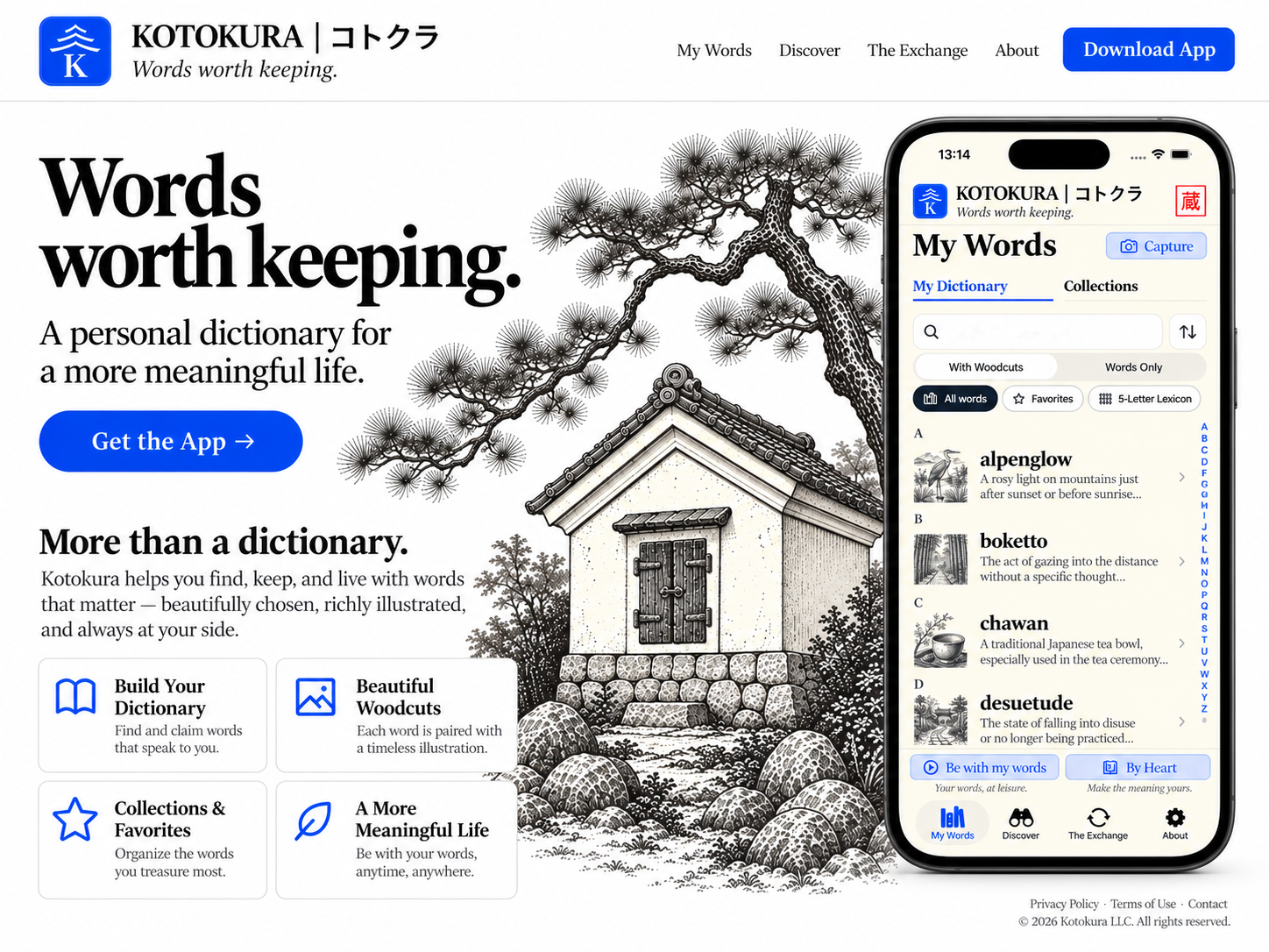 Kotokura. Words worth keeping. A personal dictionary for a more meaningful life. The kura-under-pine woodcut and an iPhone displaying the My Words collection, with features for building your dictionary, discovering woodcuts, organizing favorites, and revisiting words.