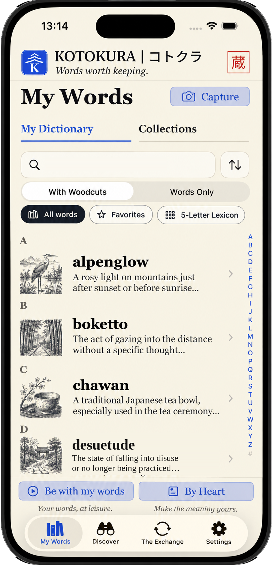 Kotokura My Words iPhone screen showing alpenglow, boketto, chawan, and desuetude